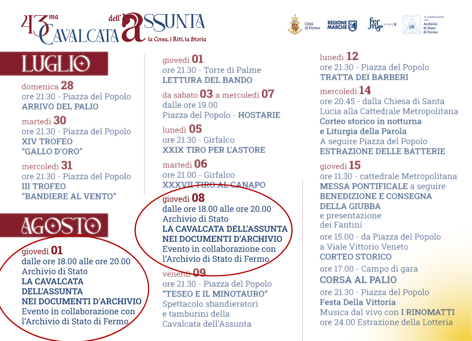 locandina programma Cavalcata 2024 con evento La Cavalcata dell'Assunta nei documenti d'archivio